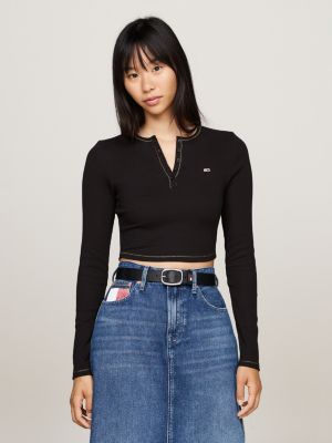 black henley neck slim long sleeve t-shirt for women tommy jeans