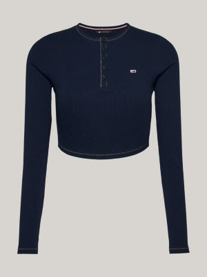 blue henley neck slim long sleeve t-shirt for women tommy jeans