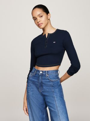 blau slim fit langarmshirt mit henley-kragen für damen - tommy jeans