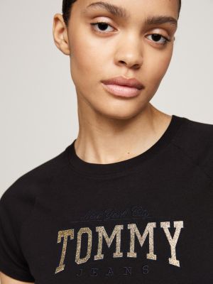 crop top slim fit con logo in glitter nero da donne tommy jeans