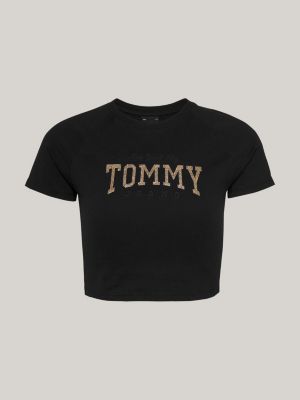 crop top slim fit con logo in glitter nero da donne tommy jeans