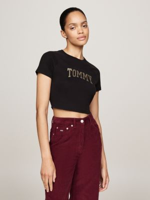 crop top slim fit con logo in glitter black da donne tommy jeans