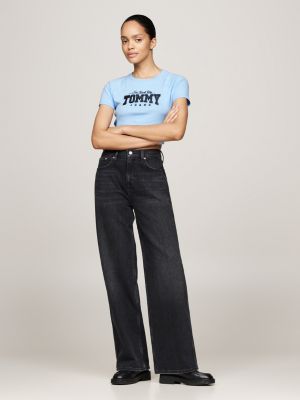 blue glitter logo slim crop top for women tommy jeans