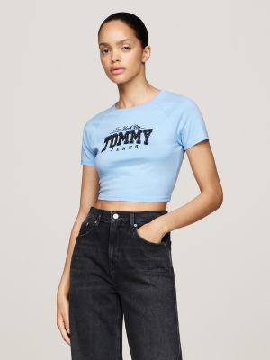 blue glitter logo slim crop top for women tommy jeans