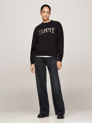 schwarz boxy fit sweatshirt mit glitzer-logo für damen - tommy jeans