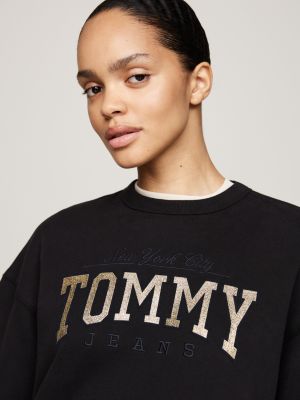 zwart boxy sweatshirt met glitterlogo voor dames - tommy jeans