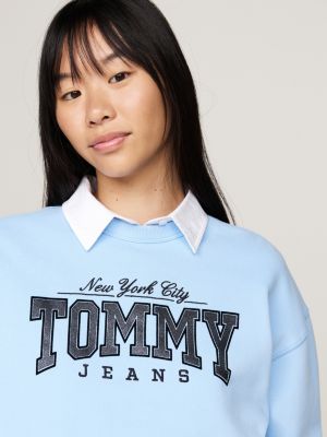 sweat boxy à logo pailleté bleu pour femmes tommy jeans