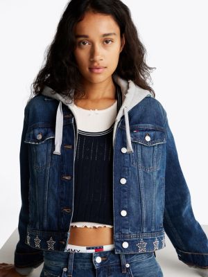 blue metallic stud denim trucker jacket for women tommy jeans