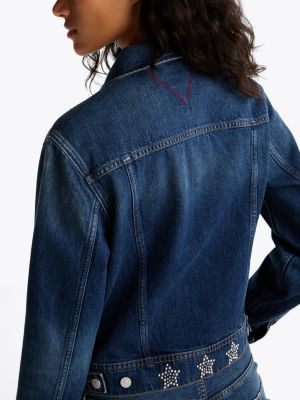 blue metallic stud denim trucker jacket for women tommy jeans