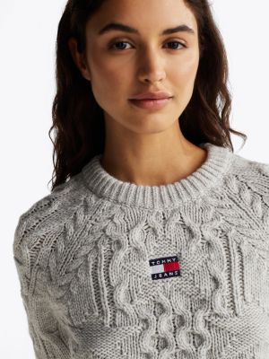 grau pullover mit zopfmuster und sternen für damen - tommy jeans