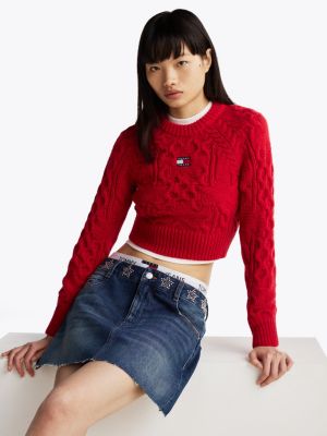 pull à étoiles en maille torsadée rouge pour femmes tommy jeans