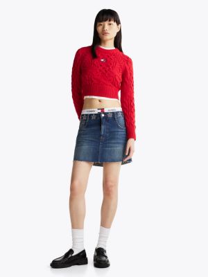 rot pullover mit zopfmuster und sternen für damen - tommy jeans