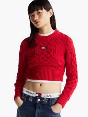 rot pullover mit zopfmuster und sternen für damen - tommy jeans