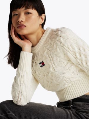 pull à étoiles en maille torsadée blanc pour femmes tommy jeans