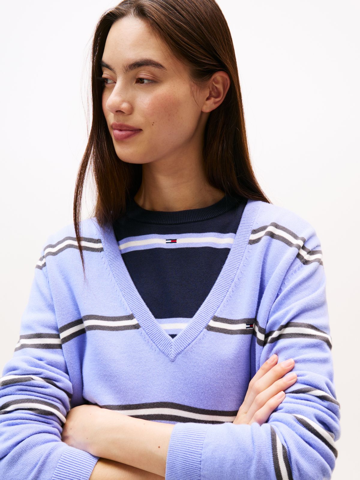 Flag Embroidery V-Neck Jumper — Purple