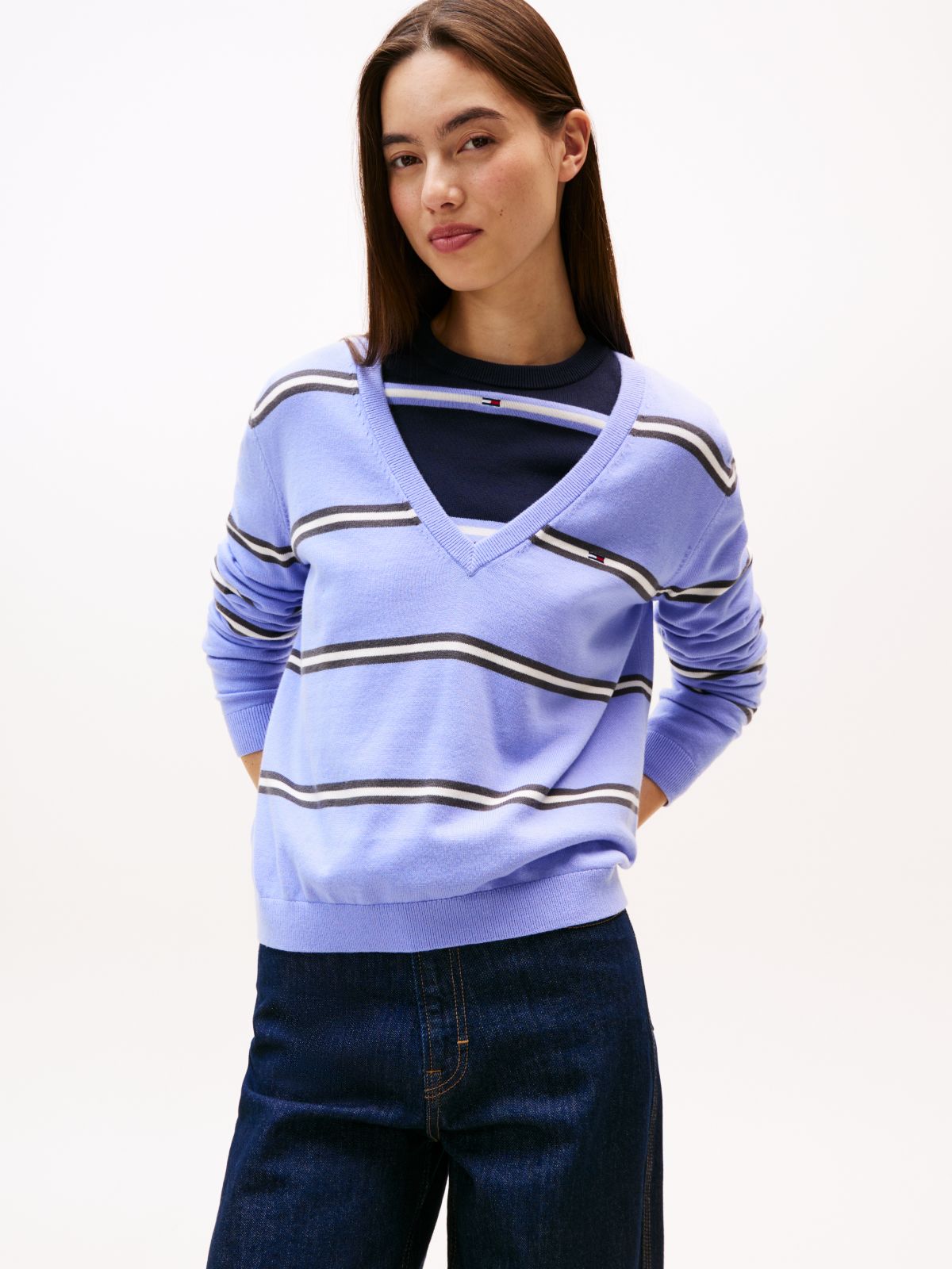 Flag Embroidery V-Neck Jumper — Purple