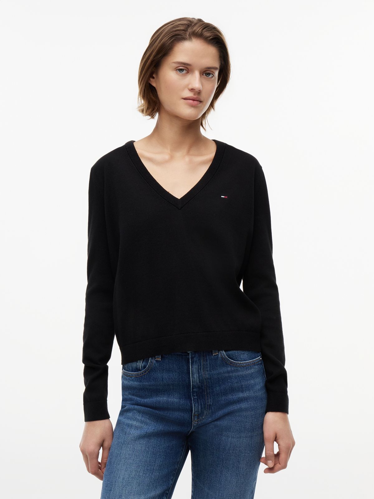 Flag Embroidery V-Neck Jumper — Black