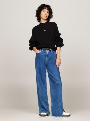 pull boxy côtelé à badge tommy noir pour femmes tommy jeans