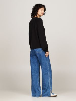 pull boxy côtelé à badge tommy noir pour femmes tommy jeans