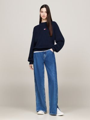 pull boxy côtelé à badge tommy bleu pour femmes tommy jeans