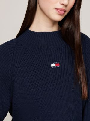 pull boxy côtelé à badge tommy bleu pour femmes tommy jeans