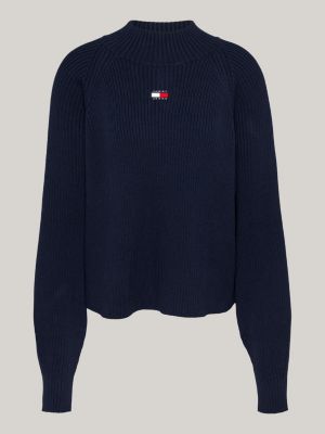 pull boxy côtelé à badge tommy bleu pour femmes tommy jeans