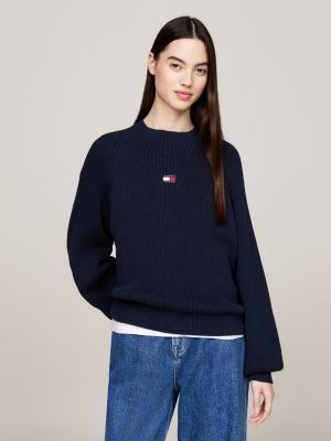 pull boxy côtelé à badge tommy bleu pour femmes tommy jeans