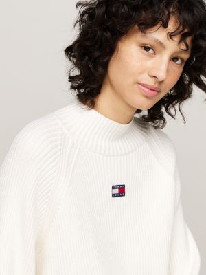 pull boxy côtelé à badge tommy beige pour femmes tommy jeans