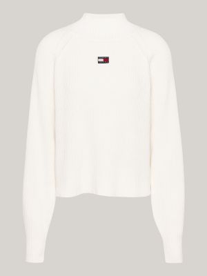 pull boxy côtelé à badge tommy beige pour femmes tommy jeans