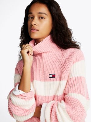 pull rayé à col cheminée rose pour femmes tommy jeans