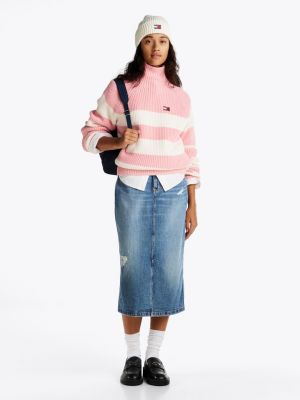 pull rayé à col cheminée rose pour femmes tommy jeans