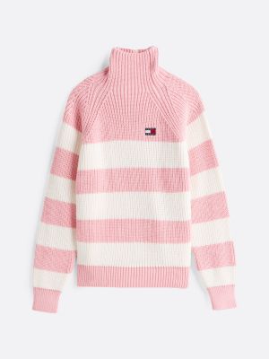 pull rayé à col cheminée rose pour femmes tommy jeans