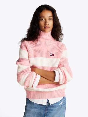 pullover a righe con collo a lupetto pink da donne tommy jeans