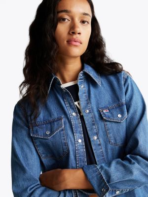 blau regular fit jeansbluse im western-stil für damen - tommy jeans