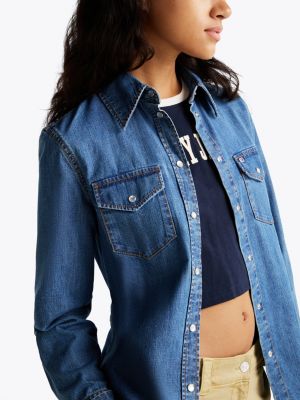 blau regular fit jeansbluse im western-stil für damen - tommy jeans