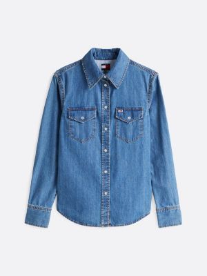 blau regular fit jeansbluse im western-stil für damen - tommy jeans