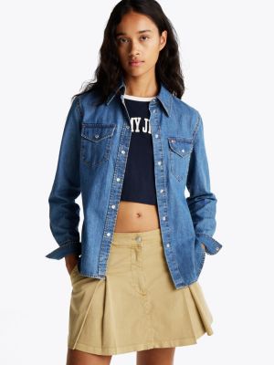 blue regular fit western denim shirt for women tommy jeans