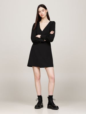 black v-neck fit and flare mini dress for women tommy jeans