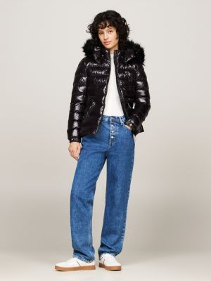 black faux fur hood down puffer jacket for women tommy jeans