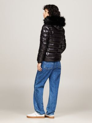 black faux fur hood down puffer jacket for women tommy jeans