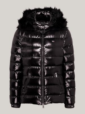 black faux fur hood down puffer jacket for women tommy jeans