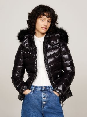 black daunen-puffer-jacke mit kunstpelz und kapuze für damen - tommy jeans