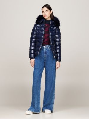 blue faux fur hood down puffer jacket for women tommy jeans