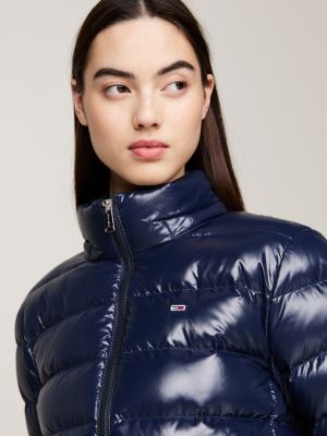 blue faux fur hood down puffer jacket for women tommy jeans