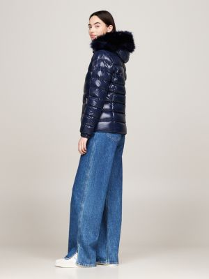 blue faux fur hood down puffer jacket for women tommy jeans