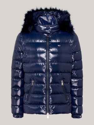 blue faux fur hood down puffer jacket for women tommy jeans