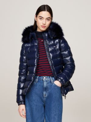 blue faux fur hood down puffer jacket for women tommy jeans