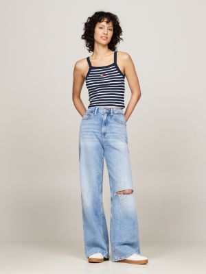 crop top tommy badge côtelé bleu pour femmes tommy jeans