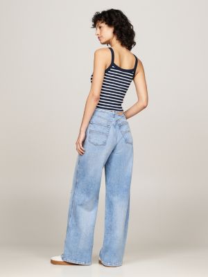 crop top tommy badge côtelé bleu pour femmes tommy jeans