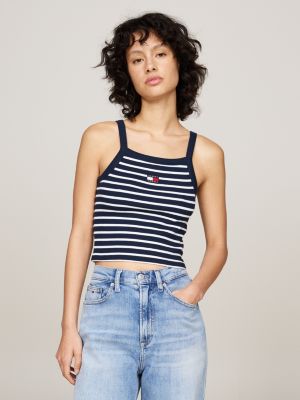 crop top tommy badge côtelé blue pour femmes tommy jeans